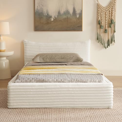 Arhatreya Polsterbett 90x200 cm, Kinderbett mit Stabiler Eisenrahmen, Einzelbett mit Kopfteil, Jugendbett Gästebett für Wohnung Schlafzimmer (Ohne Matratze) Chenille Beige von Arhatreya