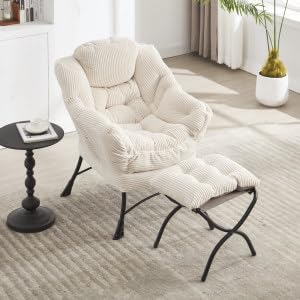 Arhatreya Relaxsessel mit Hocker, Moderner Lounge Akzentstuhl mit Armlehnen und Seitentasche, Gepolsterter Freizeitsessel zum Lesen mit Fußstütze für kleine Räume, Eckstuhl Weiß von Arhatreya