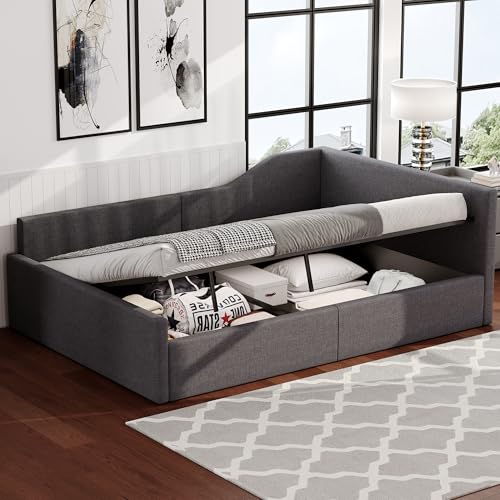 Arhatreya Schlafsofa 140x200 cm, Bettsofa mit Stauraum darunter, Polsterbett mit Lattenrosten, Tagesbett für Gästezimmer Schlafzimmer (Ohne Matratze) Leinen Grau von Arhatreya