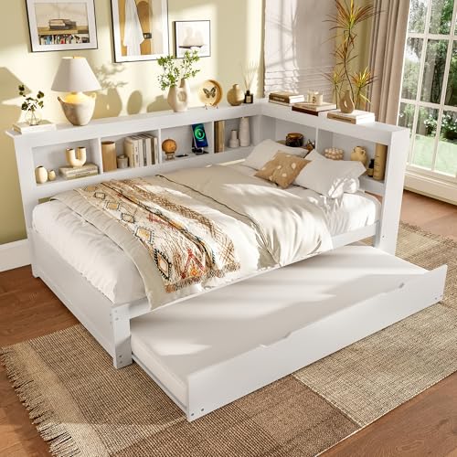 Arhatreya Schlafsofa 140x200 cm, L-Form Sofabett mit Ausziehbett, Tagesbett mit Steckdose und 2 USB-Anschlüssen, Bett für Gästezimmer Schlafzimmer (Ohne Matratze) Spanplatte Weiß von Arhatreya
