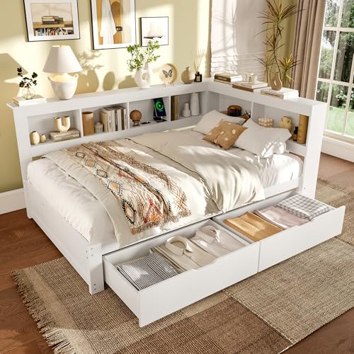 Arhatreya Schlafsofa 140x200 cm, L-Form Sofabett mit Schubladen, Tagesbett mit Steckdose und 2 USB-Anschlüssen, Bett für Gästezimmer Schlafzimmer (Ohne Matratze) Spanplatte Weiß von Arhatreya