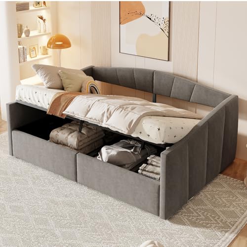 Arhatreya Schlafsofa 140x200 cm, Polsterbett mit Lattenroste, Sofabett mit Hydraulischer Lagerung, Doppelbett Tagesbett für Wohnzimmer Wohnung Schlafzimmer (Ohne Matratze) Samtstoff Grau von Arhatreya