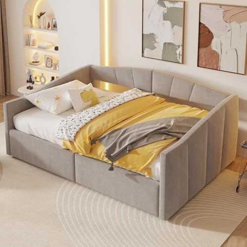 Arhatreya Schlafsofa 140x200 cm, Polsterbett mit Lattenroste, Sofabett mit Hydraulischer Lagerung, Doppelbett Tagesbett für Wohnzimmer Wohnung Schlafzimmer (Ohne Matratze) Samtstoff Hellgrau von Arhatreya