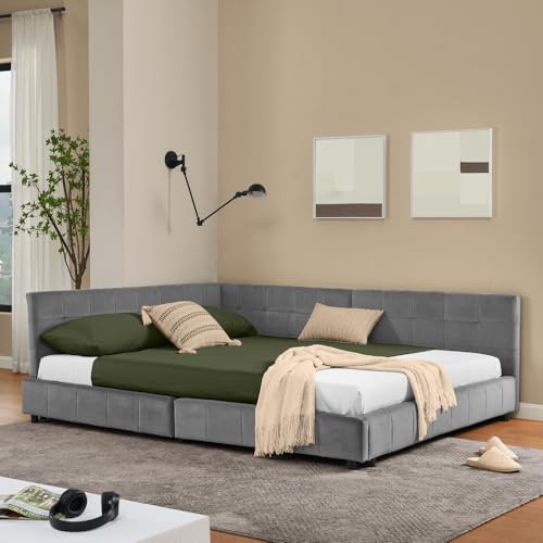 Arhatreya Schlafsofa 160x200 cm, L-Form Sofabett mit Hoher Rückenlehne, Polsterbett mit Lattenrosten, Doppelbett Tagesbett für Gästezimmer Schlafzimmer (Ohne Matratze) Samtstoff Dunkelgrau von Arhatreya