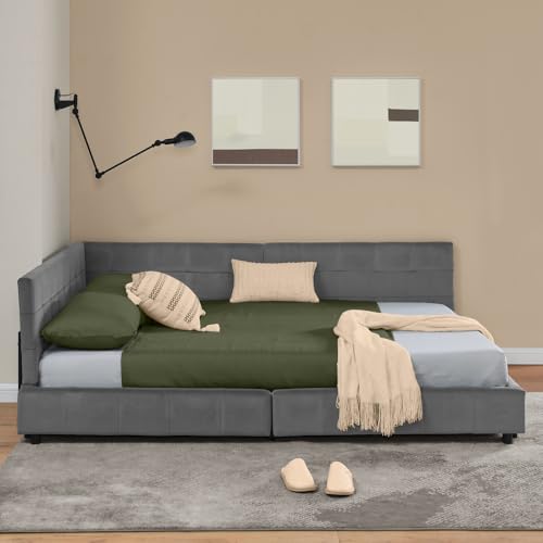 Arhatreya Schlafsofa 160x200 cm, L-Form Sofabett mit Hoher Rückenlehne, Polsterbett mit Lattenrosten, Doppelbett Tagesbett für Wohnung Schlafzimmer (Ohne Matratze) Samtstoff Dunkelgrau von Arhatreya