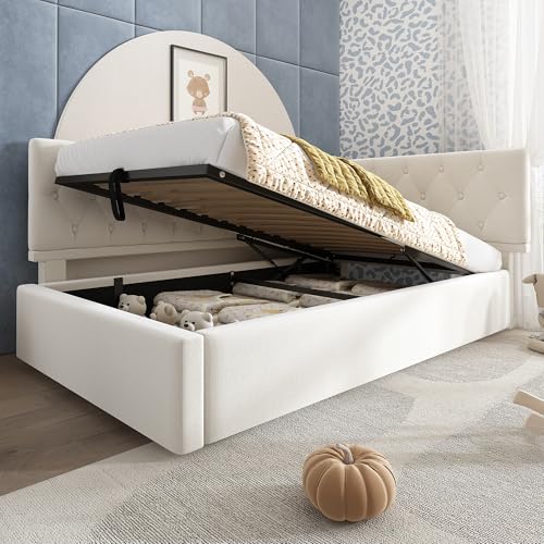 Arhatreya Schlafsofa 90x190 cm, Polsterbett Tagesbett Daybett mit hydraulischem Stauraum, Kinderbett Bettsofa Bettgestell mit Lattenrost für Wohnzimmer Gästezimmer (Ohne Matratze) Samt, Beige von Arhatreya