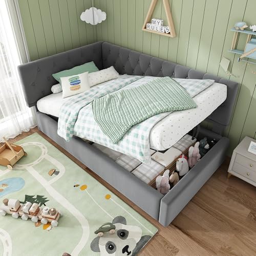 Arhatreya Schlafsofa 90x190 cm, Polsterbett Tagesbett Daybett mit hydraulischem Stauraum, Kinderbett Jugendbett Bettgestell mit Lattenrost für Wohnzimmer Gästezimmer (Ohne Matratze) Samt, Grau von Arhatreya