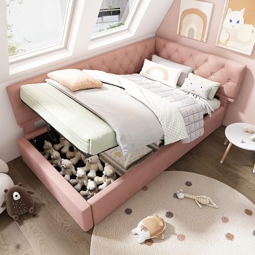Arhatreya Schlafsofa 90x190 cm, Polsterbett Tagesbett Daybett mit hydraulischem Stauraum, Kinderbett Jugendbett Bettgestell mit Lattenrost für Wohnzimmer Gästezimmer (Ohne Matratze) Samt, Rosa von Arhatreya