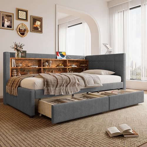 Arhatreya Schlafsofa 90x200 cm, L-Form Sofabett mit 2 Schubladen, Daybett mit USB + Typ C, Tagesbett mit Ablageflächen für Gästezimmer Schlafzimmer (Ohne Matratze) Leinen Grau von Arhatreya