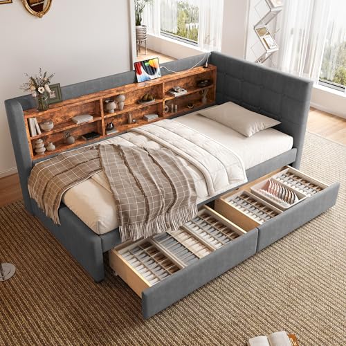 Arhatreya Schlafsofa 90x200 cm, L-Form Sofabett mit 2 Schubladen, Daybett mit USB + Typ C, Tagesbett mit Ablageflächen für Wohnung Schlafzimmer (Ohne Matratze) Leinen Grau von Arhatreya