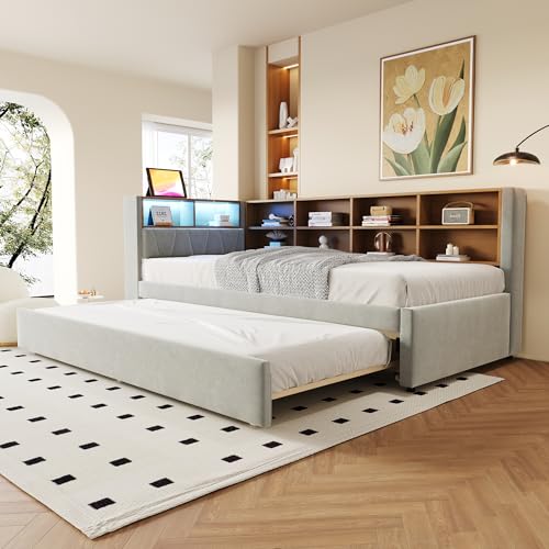 Arhatreya Schlafsofa 90x200 cm, L-Form Sofabett mit Ausziehbett, Polsterbett mit LED Leuchten, Steckdosen und Ablagefächern, Tagesbett für Gästezimmer Schlafzimmer (Ohne Matratze) Flanell Hellgrau von Arhatreya