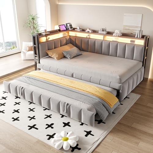 Arhatreya Schlafsofa 90x200 cm, L-Form Sofabett mit Ausziehbett, Polsterbett mit LED Leuchten, USB/Typ-C-Anschlüssen und Ablagefächern, Tagesbett für Wohnung Schlafzimmer (Ohne Matratze) Samt Hellgrau von Arhatreya