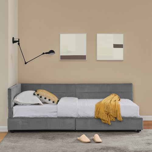 Arhatreya Schlafsofa 90x200 cm, L-Form Sofabett mit Hoher Rückenlehne, Polsterbett mit Lattenrosten, Einzelbett Tagesbett für Wohnung Schlafzimmer (Ohne Matratze) Samtstoff Dunkelgrau von Arhatreya