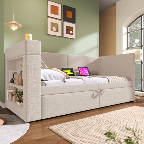 Arhatreya Schlafsofa 90x200 cm, Polstertes Daybett mit Ausziehbett, Armlehnen mit USB- und Type-C-Ladeanschluss und Getränkehalter, Tagesbett für Wohnung Gästezimmer (Ohne Matratze) Beige von Arhatreya