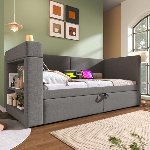 Arhatreya Schlafsofa 90x200 cm, Polstertes Daybett mit Ausziehbett, Armlehnen mit USB- und Type-C-Ladeanschluss und Getränkehalter, Tagesbett für Wohnung Gästezimmer (Ohne Matratze) Grau von Arhatreya