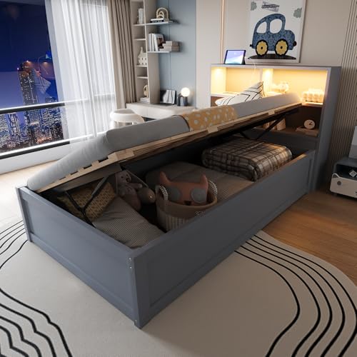 Arhatreya Schlafsofa 90x200 cm, Sofabett mit Mehrfachsteckdose und Mehreren Staufächern, Hydraulisch Stauraumbett mit Lichtleiste, Holzbett Tagesbett für Gästezimmer Schlafzimmer (Ohne Matratze) Grau von Arhatreya