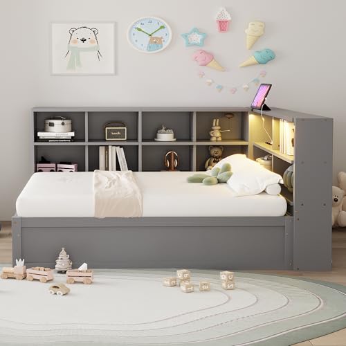 Arhatreya Schlafsofa 90x200 cm, Sofabett mit Mehrfachsteckdose und Staufächern, Einzelbett mit Lichtleiste, Daybett Tagesbett für Gästezimmer Schlafzimmer (Ohne Matratze) Grau von Arhatreya