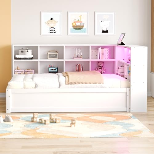 Arhatreya Schlafsofa 90x200 cm, Sofabett mit Mehrfachsteckdose und Staufächern, Einzelbett mit Lichtleiste, Daybett Tagesbett für Gästezimmer Schlafzimmer (Ohne Matratze) Weiß von Arhatreya
