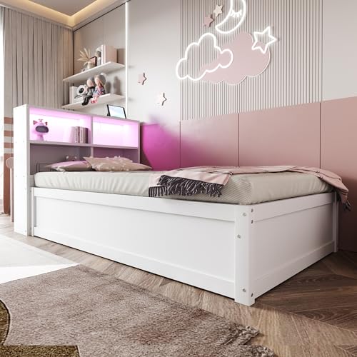 Arhatreya Schlafsofa 90x200 cm, Sofabett mit Mehrfachsteckdose und Staufächern, Hydraulisch Stauraumbett mit Lichtleiste, Daybett Tagesbett für Gästezimmer Schlafzimmer (Ohne Matratze) Weiß von Arhatreya