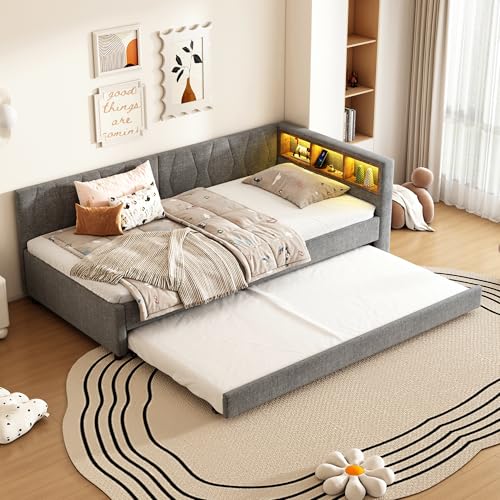 Arhatreya Schlafsofa 90x200 cm, Tagesbett mit LED-Umgebungslicht mit Ausziehbett, Daybett mit USB+Typ C, Sofabett für Schlafzimmer Wohnzimmer (Ohne Matratze) Leinen Grau von Arhatreya