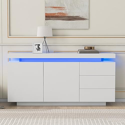 Arhatreya Sideboard Schrank Modern Wohnzimmer Beistellschrank Standschrank Kommode Highboard Anrichte Möbel 2 Türen 3 Schubladen Hochglanz Sideboard mit LED Licht Grifflose 140x35x72.5cm - Weiß von Arhatreya