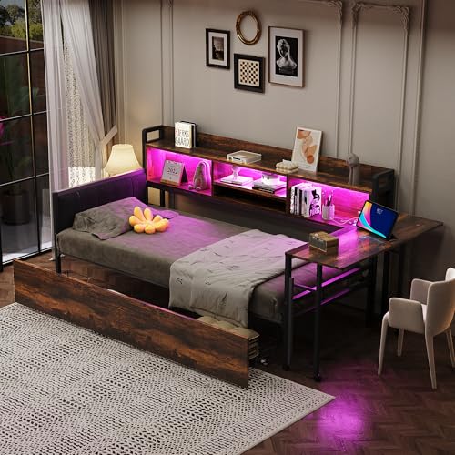 Arhatreya Sofabett 90x200 cm, Kinderbett mit LED-Beleuchtung, Metallbett mit Schubladen, Einzelbett mit Schreibtisch und Rückenlehne, Bett mit Steckdose für Kinder (Ohne Matratze) Holzfarbe von Arhatreya