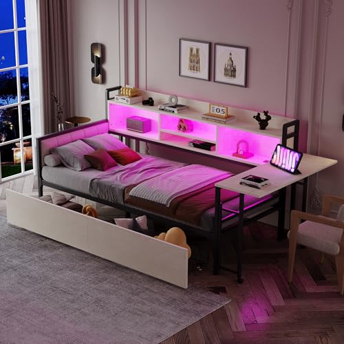 Arhatreya Sofabett 90x200 cm, Kinderbett mit LED-Beleuchtung, Metallbett mit Schubladen, Einzelbett mit Schreibtisch und Rückenlehne, Bett mit Steckdose für Kinder Jugendliche (Ohne Matratze) Weiß von Arhatreya