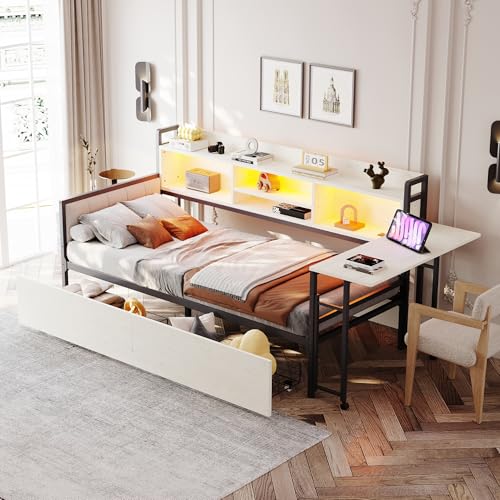 Arhatreya Sofabett 90x200 cm, Kinderbett mit LED-Beleuchtung, Metallbett mit Schubladen, Einzelbett mit Schreibtisch und Rückenlehne, Bett mit Steckdose für Kinder Wohnung (Ohne Matratze) Weiß von Arhatreya