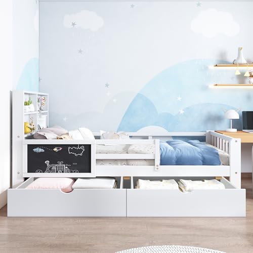 Arhatreya Stauraumbett 90x200 cm, Kinderbett mit Schubladen, Einzelbett mit Tafel, Holzbett mit Ablagefläche, Bett mit Lattenrost für Wohnung Schlafzimmer (Ohne Matratze) Weiß von Arhatreya