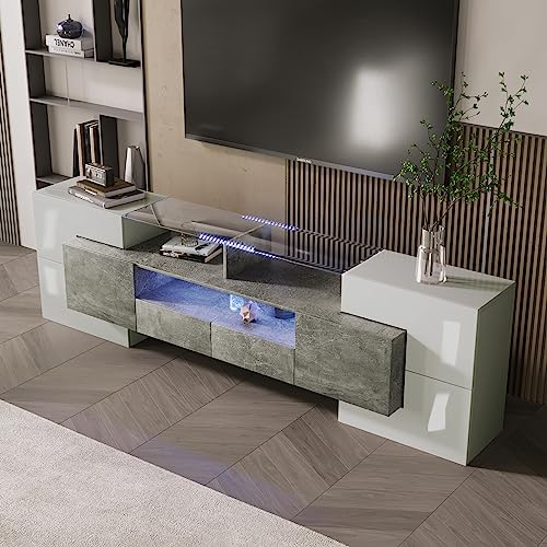 Arhatreya Stilvoller TV-Schrank, niedriges Panel. Hochglanz-Weiß und Schwarz, 200 cm, LED-Beleuchtung Wohnzimmermöbel. Modernes Design. Elegante Glasoberfläche Grau von Arhatreya