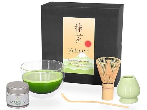 Aricola® Glas Matcha-Set 5-teilig, 400ml aus doppelwandigem Thermo-Glas. Set besteht aus: Matcha-Schale, Matcha-Löffel, Matcha-Besen, Besenhalter und 30g Dose Matcha Gourmet Qualität in Geschenkbox. von Aricola