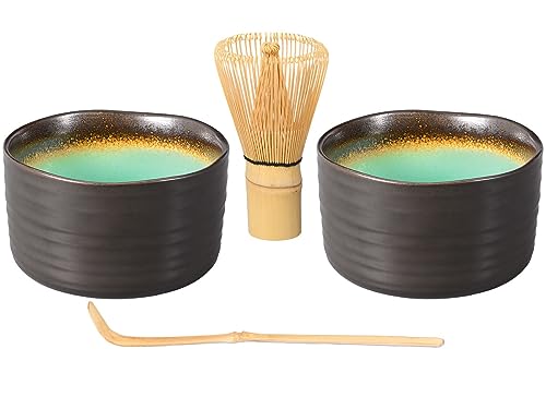 Matcha-Set 4-teilig, bestehend aus 2 Matchaschalen anthrazit/türkis mit Craquelé-Muster, Matchalöffel und Matchabesen. Original Aricola® von Aricola