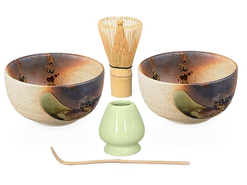 Aricola® Matcha-Set 5-teilig, bestehend aus 2 original japanischen Matcha-Schalen handglasiert beige/braun 450ml, Matcha-Löffel, Matcha-Besen und hellgrünem Besenhalter von Aricola