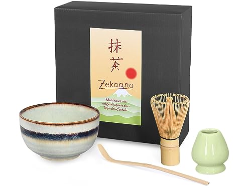 Aricola® Matcha Starter Set 4-teilig bestehend aus: Original japanische Matcha-Schale türkis 450ml, Matcha-Löffel, Matcha-Besen (Bambus) und Besenhalter in eleganter Geschenkbox von Aricola