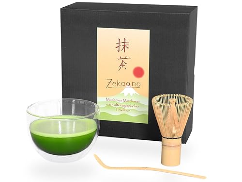 Glas Matcha-Set 3-teilig, 400ml aus doppelwandigem Thermo-Glas/Matcha Schale/Matcha Bambuslöffel/Matcha Bambusbesen, in Geschenkbox, Original Aricola® von Aricola