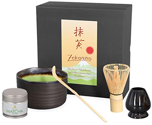 Aricola Matcha Komplettset 5-teilig, bestehend aus Matcha-Schale anthrazit/grün mit Craquelé-Muster, Matcha-Löffel, Matcha-Besen, Besenhalter und 30g Premium Matcha in eleganter Geschenkbox. von Aricola