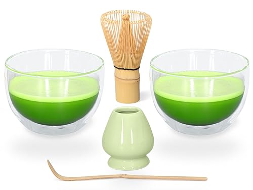 Aricola Matcha-Set 5-teilig, bestehend aus 2 Matchaschalen aus doppelwandigem Glas, Matchalöffel, Matchabesen und hellgrünem Besenhalter. von Aricola