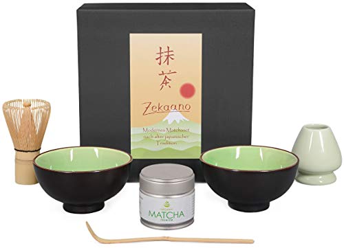 Aricola Matcha-Set 6-teilig, Sommer-grün, bestehend aus 2 Matcha-Schalen, Matcha-löffel, Matcha-Besen (Bambus), Besenhalter und 30g Premium Matcha in Geschenkbox. von Aricola