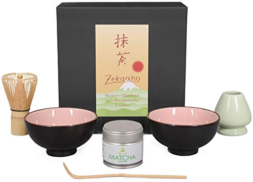 Aricola Matcha-Set 6-teilig, rosa, bestehend aus 2 Matcha-Schalen, Matcha-löffel, Matcha-Besen (Bambus), Besenhalter und 30g Premium Matcha in Geschenkbox. von Aricola