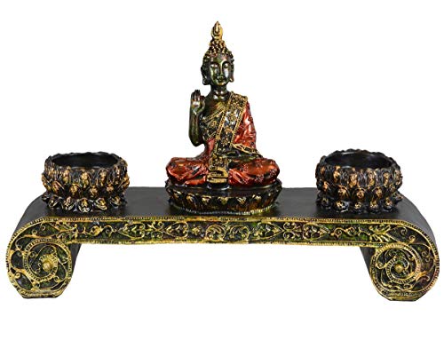 Aricola Thai Buddha Figur. Buddha Skulptur auf Altar mit zwei Teelichthalter aus Polyresin. von Aricola