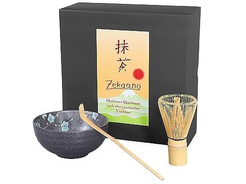 Matcha-Set 3-teilig, 250ml anthrazit/blau, gesprenkelt/Matcha Schale/Matcha Bambuslöffel/Matcha Bambusbesen, in Geschenkbox, Original Aricola® von Aricola