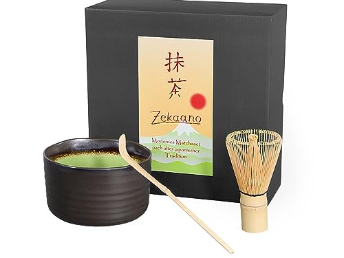 Matcha-Set 3-teilig, anthrazit/grün, bestehend aus Matcha-Schale, Matcha-löffel und Matcha-Besen (Bambus) in Geschenkbox. Original Aricola® von Aricola