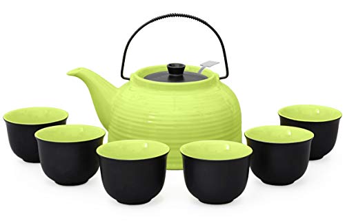 Aricola Teeservice „Nelly“. Moderne Teekanne 1,5 Liter in grün/schwarz aus hitzebeständiger Keramik mit Edelstahlfilter und 6 Teecups 120ml in grün/schwarz. von Aricola
