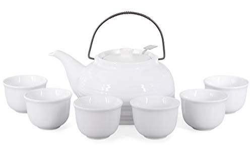 Aricola Teeservice „Nelly“. Moderne Teekanne 1,5 Liter in weiß/weiß aus hitzebeständiger Keramik mit Edelstahlfilter und 6 Teecups 120ml in weiß/weiß. von Aricola