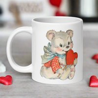 Valentinstag Grüße Tasse Weiß Bär Herz Keramik Glänzend Kaffeetasse Retro Midcentury Vintage Einzigartiges Gemütliches Nettes Geschenk Für Ihn Sie von AriesCatGifts
