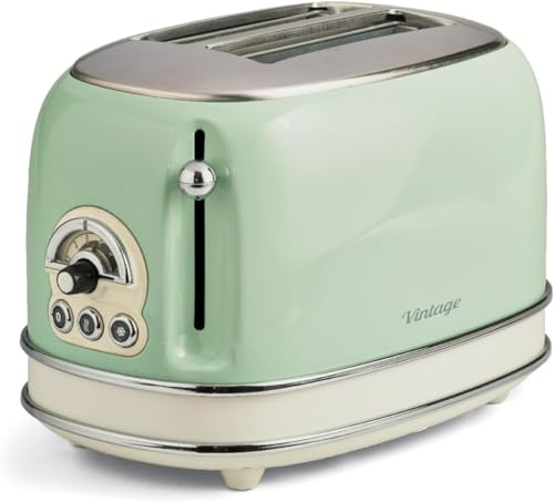 Ariete Vintage 155, 2-Scheiben-Toaster, Retro Toaster mit 6 Toaststufen, Automatischer Auswurf, Auftaufunktion, Herausnehmbares Krümelfach, Gehäuse aus Edelstahl, 810W, Grün von Ariete