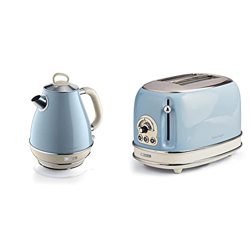 Ariete, 2869 Vintage, elektrischer Wasserkocher aus Edelstahl, 1,7 Liter, für Wasser, Tee und Kräutertees, Abschaltautomatik, 2000 W, Pastellblau & 155 Vintage Toaster mit 2 Scheiben von Ariete