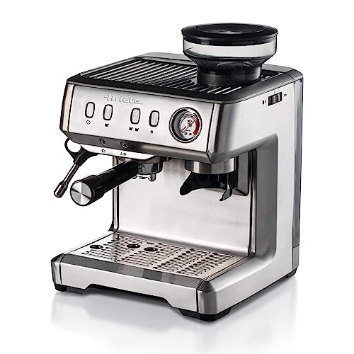 Ariete 1313, Kaffeemaschine mit Manometer, Integrierte Kaffeemühle, Kompatibel mit Kaffeepulver und ESE-Pads, 15 Bar Maximum, 1 oder 2 Tassen-Filter, Cappuccino-Düse, 1600W, Silber von Ariete