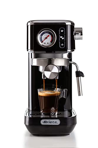 Ariete Espresso Slim Metal 1381, Kaffeemaschine mit Manometer, Kompatibel mit Kaffeepulver und ESE-Pads, 15 Bar Maximum, 1 oder 2 Tassen-Filter, Cappuccino-Düse, 1300W, Schwarz von Ariete