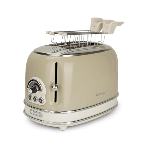 Ariete Vintage 155, 2-Scheiben-Toaster, Retro Toaster mit 6 Toaststufen, Automatischer Auswurf, Auftaufunktion, Herausnehmbares Krümelfach, Gehäuse aus Edelstahl, mit Sandwichzangen, 810W, Beige von Ariete